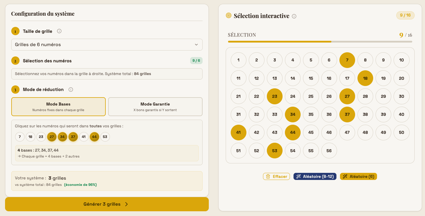 Interface du générateur de systèmes réducteurs : sélection de 9 numéros avec 4 bases fixes, génération de 3 grilles optimisées au lieu de 84